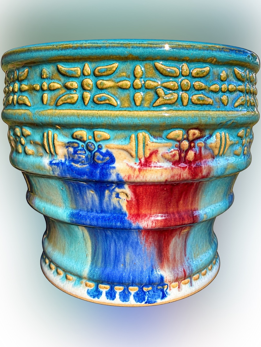 1920s Hull Handcrafted Turquoise Ceramic Planter with Blue and Red Drip Glaze